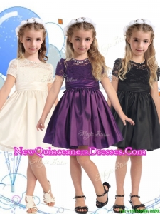 See Through Scoop Short Sleeves Little Girl Pageant Dress with Lace and Belt