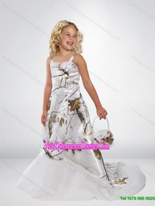 2015 Cute and Popular A Line Straps Camo Flower Girl Dresses with Brush Train Beading