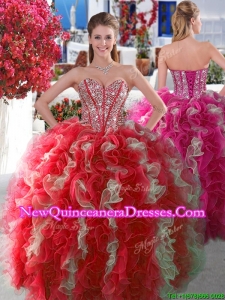 Visible Boning Beaded and Ruffled Quinceanera Gown in Red and White