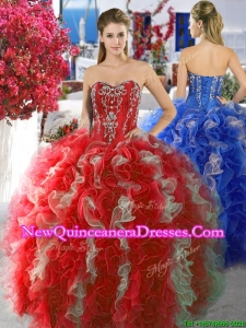 Discount Red and White Sweet 16 Dress with Beading and Ruffles