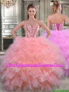 Visible Boning Beaded Bodice and Ruffled Quinceanera Dress in Watermelon Red