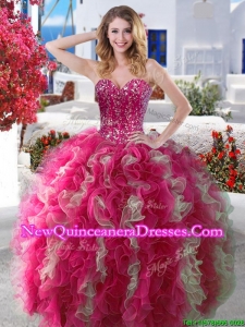 Visible Boning Beaded and Ruffled Quinceanera Dress in Hot Pink