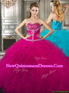 Affordable Beaded and Ruffled Fuchsia Sweet 16 Dress in Tulle
