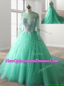 See Through Scoop Long Sleeves Beading Sweet 16 Dress with Brush Train