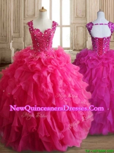 Exclusive Straps Hot Pink Quinceanera Dress with Beading and Ruffles