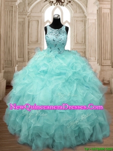 See Through Scoop Beading and Ruffles Quinceanera Dress in Aqua Blue