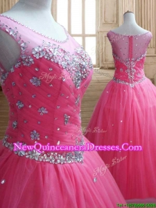 See Through Scoop Rose Pink Quinceanera Dress with Beading