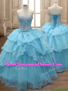 Comfortable Baby Blue Organza Sweet 16 Dress with Beading and Ruffled Layers