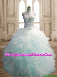 See Through Scoop Light Blue Quinceanera Dress with Beading and Ruffles