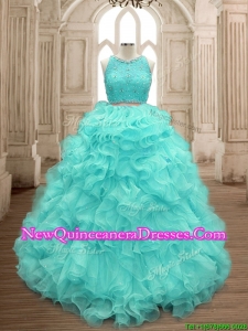 Sweet Two Piece Scoop Mint Quinceanera Dress with Beading and Ruffles