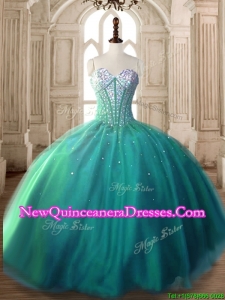 Visible Boning Beaded Bodice Tulle Quinceanera Dress in Turquoise