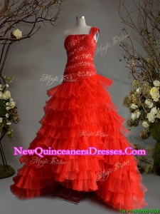 Fashionable One Shoulder A Line Red Quinceanera Dress with Beading and Ruffled Layers