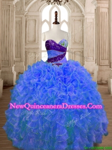 Hot Sale Beaded and Ruffled Organza Quinceanera Dress in Blue