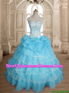 Classical Really Puffy Baby Blue Quinceanera Dress with Ruffled Layers and Beading