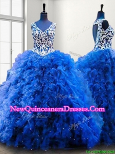 Popular V Neck Beading and Ruffles Sweet 16 Dress in Royal Blue