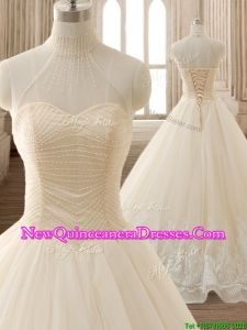 See Through High Neck Champagne Quinceanera Dress with Beading and Appliques