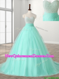 Wonderful A Line Beading Sweet 16 Dress with Brush Train