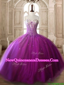 Modest Beaded Bodice Big Puffy Quinceanera Dress in Fuchsia