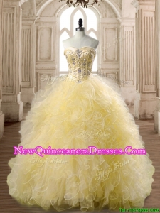Perfect Beaded and Ruffled Tulle Quinceanera Dress in Yellow