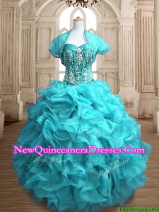 Popular Beaded and Ruffled Organza Quinceanera Dress in Teal