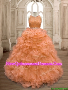 See Through Scoop Beaded and Ruffles Quinceanera Dress in Orange
