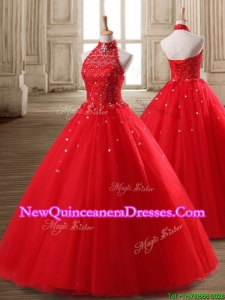 Fashionable Halter Top Beaded Tulle Quinceanera Dress in Red
