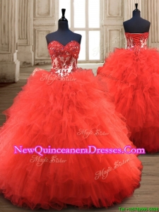 Popular Red Really Puffy Quinceanera Gown with Appliques and Ruffles