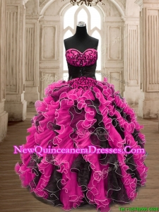 Modest Hot Pink and Black Quinceanera Dress with Beading and Ruffles