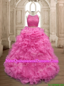 Two Piece Scoop Beaded and Ruffles Quinceanera Dress in Organza