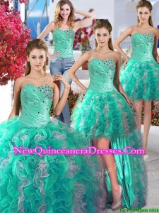 Cheap Turquoise and White Detachable Quinceanera Dresses with Beading and Ruffles