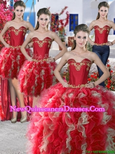 Wonderful Red and Champagne Organza Detachable Quinceanera Dresses with Appliques and Ruffles