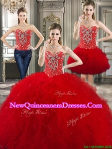 Fashionable Beaded and Ruffled Detachable Quinceanera Dresses in Red