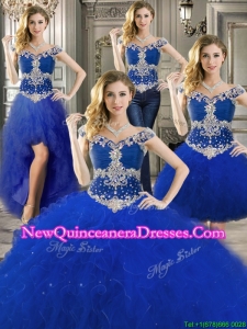 Gorgeous Off the Shoulder Royal Blue Detachable Quinceanera Dresses with Beading and Ruffles