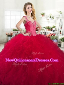 Luxurious Straps Beaded and Ruffled Quinceanera Dress in Red