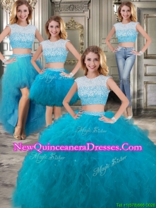 Modest Scoop Cap Sleeves Teal Detachable Sweet 16 Dresses with Beading and Ruffles