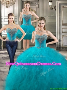 Perfect Beaded and Ruffled Detachable Quinceanera Dresses in Teal