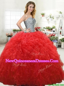 Simple Beaded Bodice and Ruffled Red Quinceanera Dress in Tulle