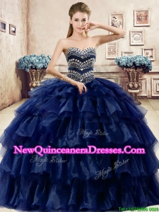 Cheap Beaded and Ruffled Layers Quinceanera Dress in Navy Blue