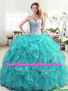 Inexpensive Beaded and Ruffled Turquoise Quinceanera Dress in Organza