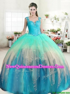 Latest Straps Beaded and Ruffled Quinceanera Dress in Rainbow