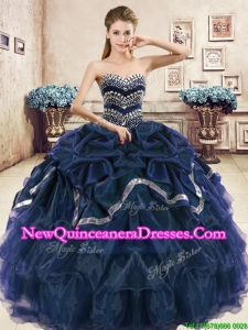 Modest Navy Blue Organza Quinceanera Dress with Beading and Pick Ups
