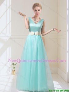 Pretty V Neck Floor Length Bridesmaid Dresses with Bowknot for 2015