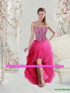 Elegant 2015 High Low Sweetheart Beaded and Ruffles Dama Dresses in Hot Pink