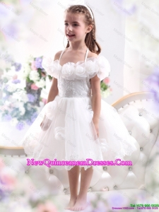 2016 Comfortable White Halter Top Flower Girl Dress with Hand Made Flower