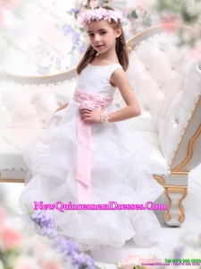 2016 Scoop White little Girl Pageant Dresses with Sash and Ruffles