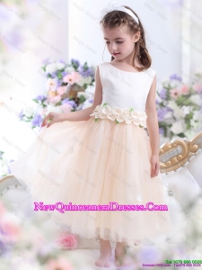 2016 White little Girl Pageant Dresses with Waistband and Hand Made Flowers