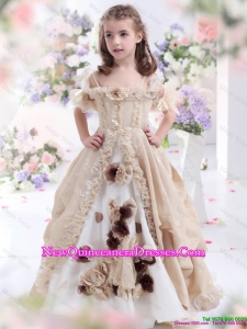 Champagne Spaghetti Straps little Girl Pageant Dresses with Hand Made Flowers and Ruffles