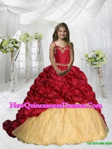 Spaghetti Straps Pick Ups Little Girl Pageant Dress with Sweep Train