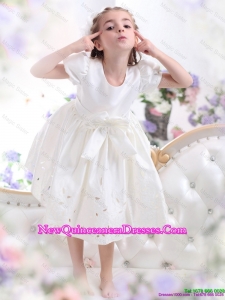 White Scoop 2016 little Girl Pageant Dresses with Bowknot and Cap Sleeves