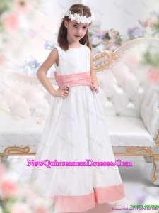 White Scoop 2016 little Girl Pageant Dresses with Pink Waistband